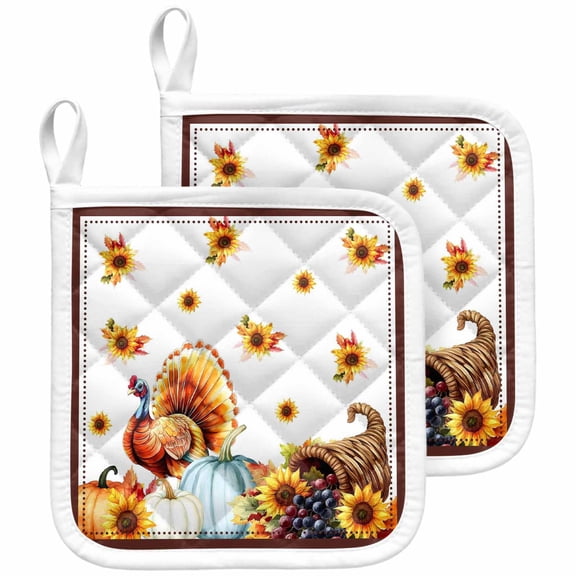 Thanksgiving Fall Pot Holders for Kitchen Heatproof Potholder, 2 Pack Turkey Sunflowers Pumpkin Brown Striped Hot Pads Multipurpose Oven Pads Terry Cloth Potholders Trivet for Cooking and Baking
