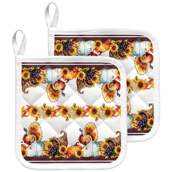 Thanksgiving Fall Pot Holders for Kitchen Heatproof Potholder, 2 Pack Turkey Sunflowers Pumpkin Fruit Stripes Hot Pads Multipurpose Oven Pads Terry Cloth Potholders Trivet for Cooking and Baking