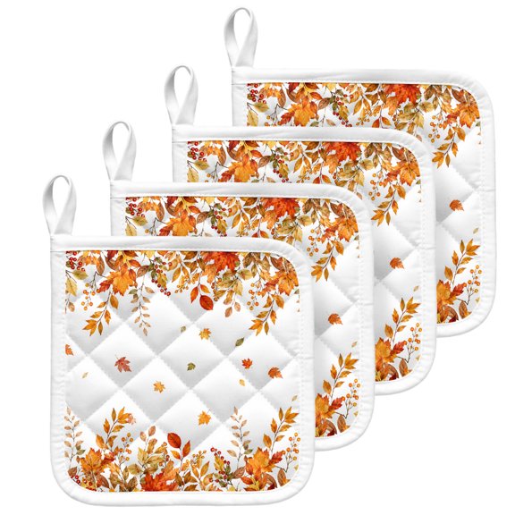 Thanksgiving Fall Pot Holders for Kitchen Heatproof Potholder, 4 Pack Autumn Orange Falling Maple Leaves Hot Pads Multipurpose Oven Pads Terry Cloth Potholders Trivet for Cooking and Baking