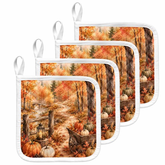 Thanksgiving Fall Pot Holders for Kitchen Heatproof Potholder, 4 Pack Rustic Orange Pumpkin Maple Leaves Forest Hot Pads Multipurpose Oven Pads Terry Cloth Potholders Trivet for Cooking and Baking