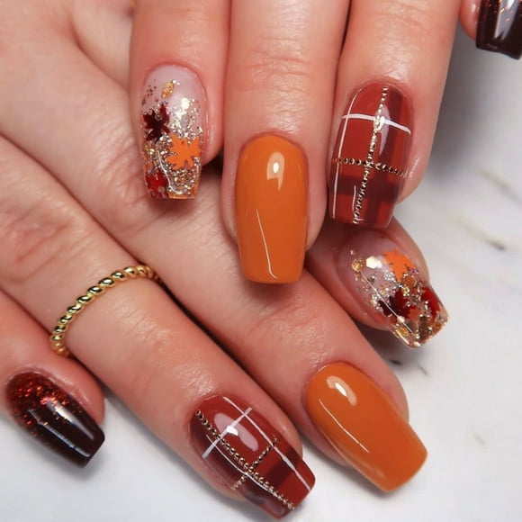 Thanksgiving Fall Press on Nails Medium Square False Nails Maple Leaf False Nail
