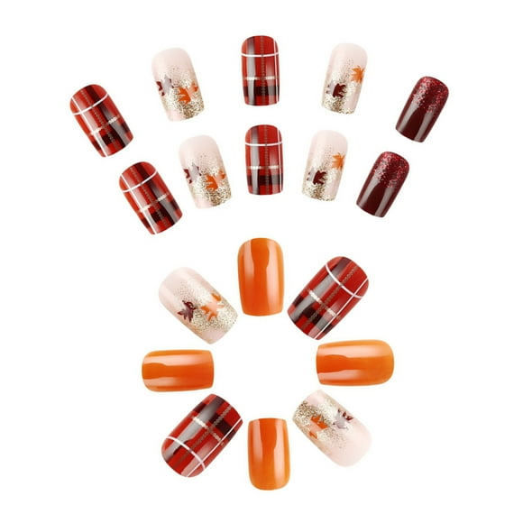 Thanksgiving Fall Press on Nails Medium Square False Nails Maple Leaf Orange Glitters Strips Acrylic Nails Stick on Nail