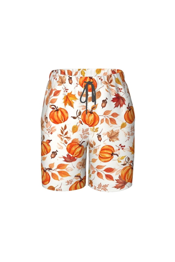 Thanksgiving Fall Pumpkin Maple Leaf Beach Pants Teen Shorts with Mesh Lining and Drawstring