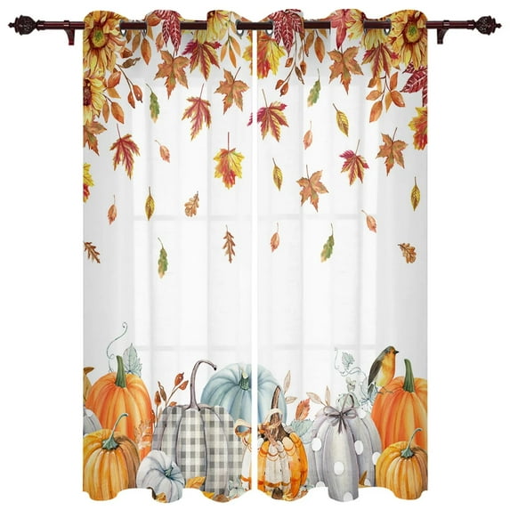 Thanksgiving Fall Pumpkin Maple Leaf Window Curtains Bedroom Festival Made Finished Drapes Livingroom Window Treatments Curtains
