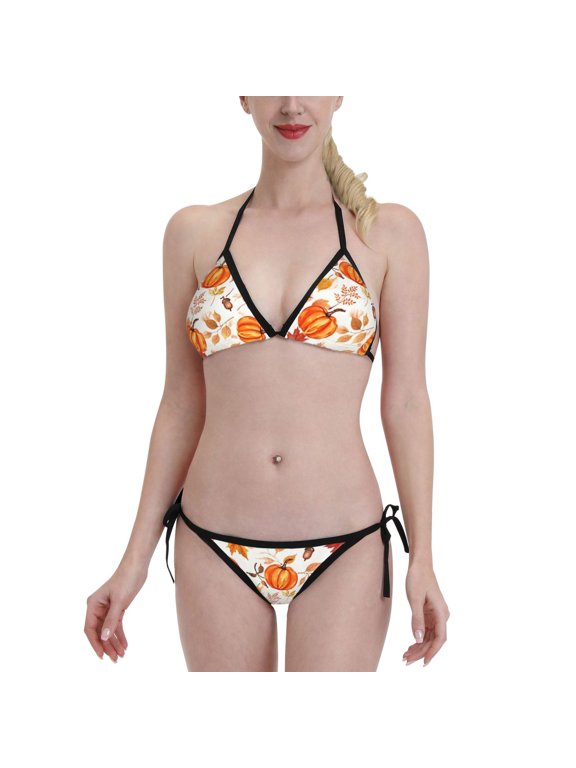 Thanksgiving Fall Pumpkin Maple Leaf Women's Bikini Set Two Piece Swimsuit Triangle Bathing Suit Adjustable Beach Swimwear