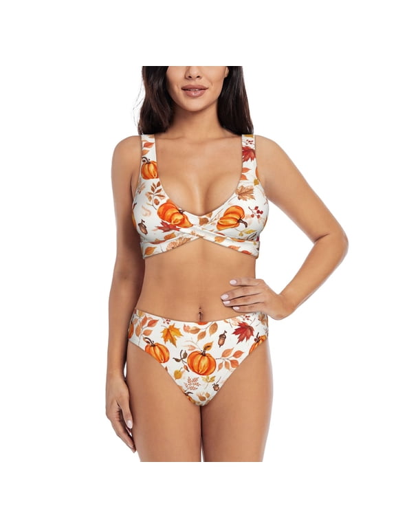 Thanksgiving Fall Pumpkin Maple Leaf Women's Bikini Sets Cross-Front Two-Piece Beachwear