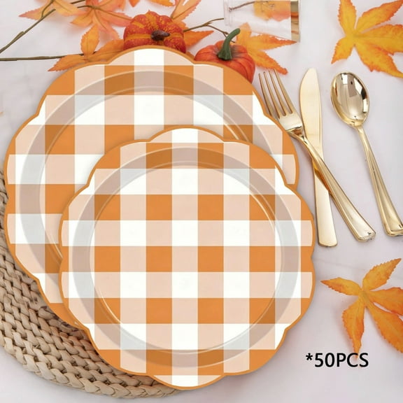 Thanksgiving Fall Pumpkin Paper Plates | Autumn Maple Leaf Disposable Dinnerware | Multicolor High-Gloss Hard Paper | 50-Pack | 7in & 9in | Seasonal Party Decor