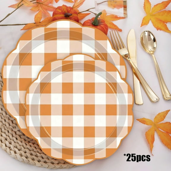 Thanksgiving Fall Pumpkin Paper Plates | Disposable Party Dinnerware Featuring Maple Leaves | Autumn Harvest Tableware Orange Design | 25-Pack | 7.09in & 9.06in Sizes