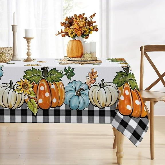 Thanksgiving Fall Pumpkin Patch Rectangle Tablecloth 60 x 84 Inch, Autumn Truck Sunflower Maple Leaves Decorative Table Cloth Dining Table Cover, Buffalo Plaid Farmhouse Dinner Decoration