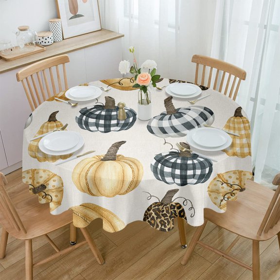 Thanksgiving Fall Pumpkin Plaid Round Tablecloth Waterproof Wedding Party Table Cover Holiday Dining Table Tablecloth