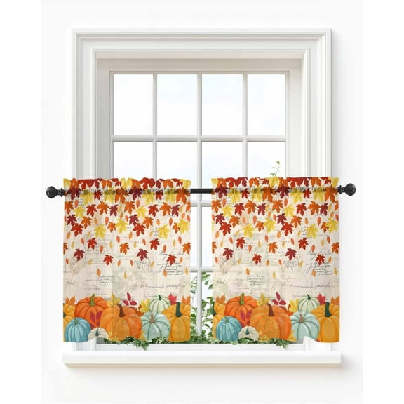 Thanksgiving Fall Pumpkin Sheer Kitchen Tier Curtains 24 Inch Length, Red Orange Maple Leaves Small Half Curtains, Farmhouse Rod Pocket Valance Autumn Short Cafe Window Treatments 27.5"x24" 2 Panels