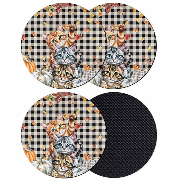 Thanksgiving Fall Pumpkins Coasters Set of 4, Absorbent Coasters for Drinks, Cats Autumn Leaves Retro Plaid Coaster for Desk Coffee Table Protection, Home Decor House Warming Gifts 4"