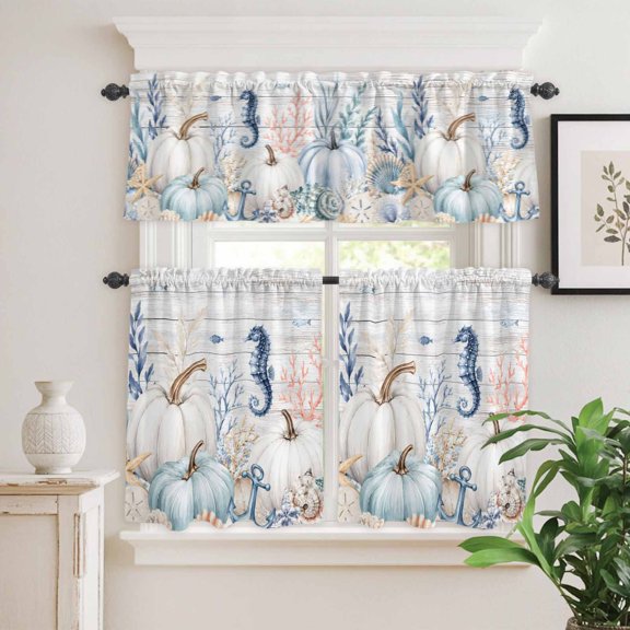 Thanksgiving Fall Pumpkins Curtain Tier and Valance Set 3 Piece,Ocean Seahorse Corals Anchor 3-inch Rod Pocket Window Tier Curtains Valance for Kitchen Living Room