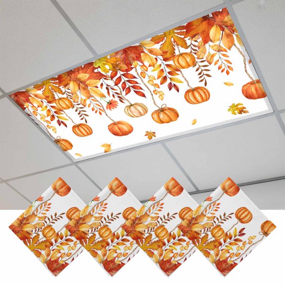Thanksgiving Fall Pumpkins Fluorescent Light Covers, Orange Maple Leaf Autumn Magnetic Light Covers for Ceiling Lights, Fluorescent Ceiling Shade Filters for Classroom Bedroom Office 4x2Ft x 4PCS
