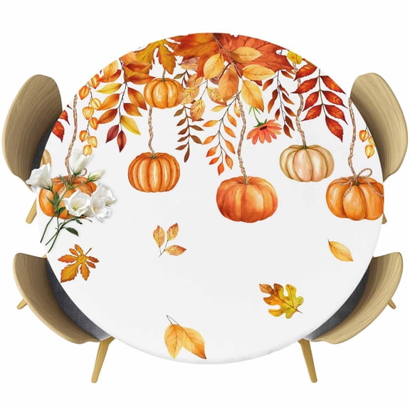 Thanksgiving Fall Pumpkins Round Tablecloth, Fitted Table Cover with Elastic for 36"-44" Round Tables, Orange Maple Leaf Autumn Table Cloth Outdoor Indoor Dinning Party Waterproof Tablecloths
