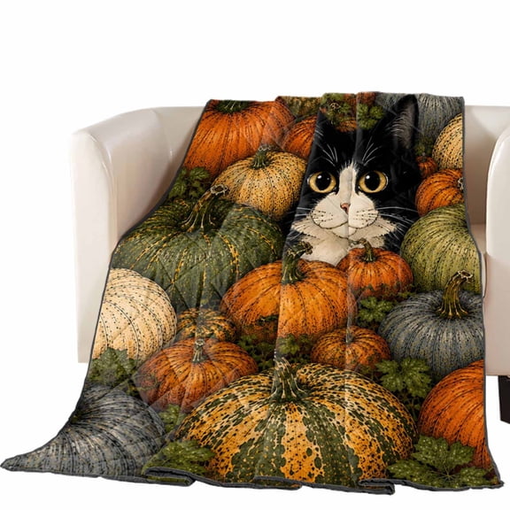 Thanksgiving Fall Quilted Comforters Cooling Blanket Oversized Queen Size, Cute Black Cat Orange Green Pumpkin Rustic Cold Comfort for Hot Sleepers Lightweight Air Conditioning Quilt Blanket for Bed