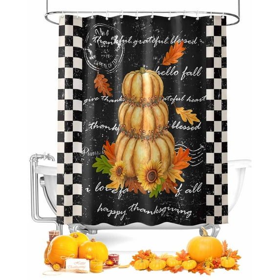 Thanksgiving Fall Retro Pumpkin Black Buffalo Plaid Shower Curtain Set ,Waterproof Fabric Shower Curtains Shower Curtains for Bathroom,Bathroom Decor 60"x72"