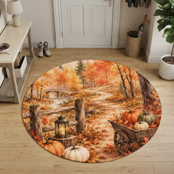 Thanksgiving Fall Round Area Rug 3Ft Small Circle Rugs for Kitchen Entryway, Rustic Orange Pumpkin Maple Leaves Forest Non-Slip Carpet Floor Mats Indoor Outdoor Carpet Runner Aesthetic Home Decor
