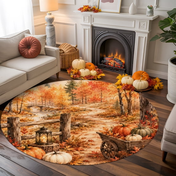 Thanksgiving Fall Round Area Rug 5 FT,Non Slip Bedroom Area Rug,Rustic Orange Pumpkin Maple Leaves Forest Washable Soft Circular Carpet Floor Mat for Kitchen Dining Room Foyer Balcony Dorm