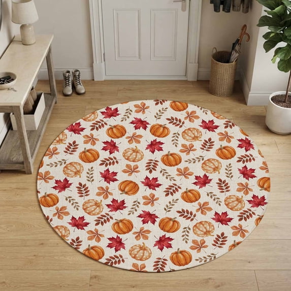 Thanksgiving Fall Round Area Rug 6Ft Washable Circle Rugs for Bathroom Office, Maple Leaf Pumpkin Botanical Farmhouse Non-Slip Carpet Floor Mats Indoor Outdoor Carpet Runner Aesthetic Home Decor