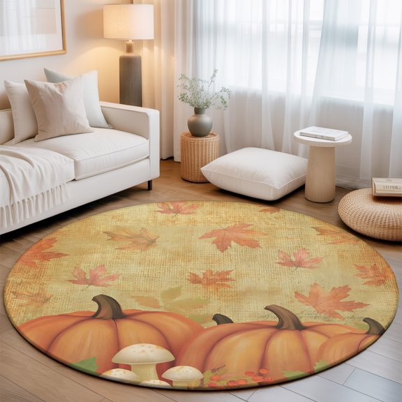 Thanksgiving Fall Round Area Rugs 3 ft, Rustic Ochre Pumpkin Maple Leaf Linen Texture Washable Small Area Rug with Non-Slip Sturdy Edge Binding Round Front Door Mat Floor Carpet for Entryway