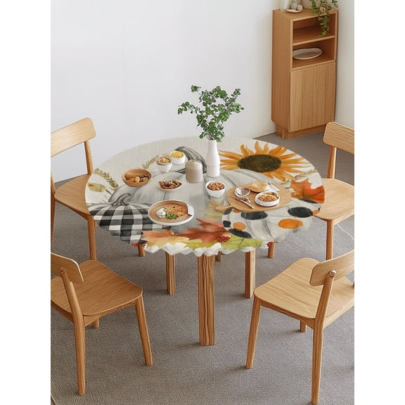 Thanksgiving Fall Round Fitted Tablecloth with Elastic Edge, Rustic Gray Linen Gingham Polka Dot Pumpkin Waterproof Stretch Table Covers for 36"-44" Tables Wipeable Table Cloth for Outdoor