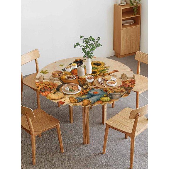Thanksgiving Fall Round Fitted Tablecloth with Elastic Edge, Rustic Yellow Hay Man Crow Pumpkin Sunflower Waterproof Stretch Table Covers for 36"-44" Tables Wipeable Table Cloth for Outdoor