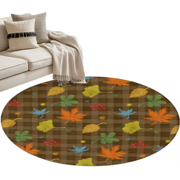 Thanksgiving Fall Round Rug 3ft Washable Circle Entryway Rugs Non Slip Maple Leaf Botanical Autumn Brown Plaid Area Rug Indoor Floor Carpet for Bedroom Kitchen Living Room Office Dining Room Nursery