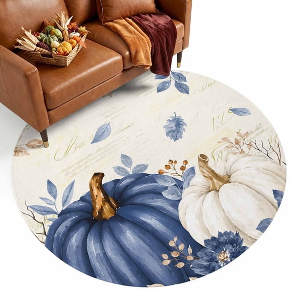Thanksgiving Fall Round Rug 4Ft Rustic Blue White Pumpkin Leaf Script Letter Circle Area Rugs Washable Non Slip Indoor Floor Mats for Living‑Room Coffee‑Table Zone, Dining‑Table Area
