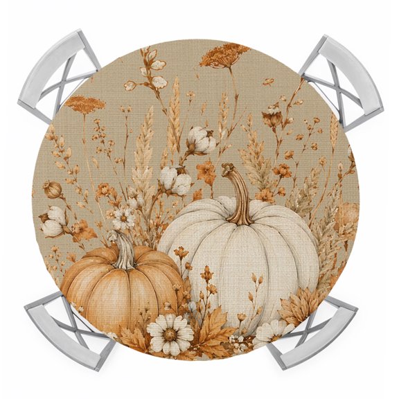 Thanksgiving Fall Round Table Cover, Rustic Farmhouse Beige Pumpkin Wheat Linen Texture Waterproof Fitted Tablecloths for 45"-54" Tables, Washable Picnic Table Cover for Camping Dining Indoor Outdoor