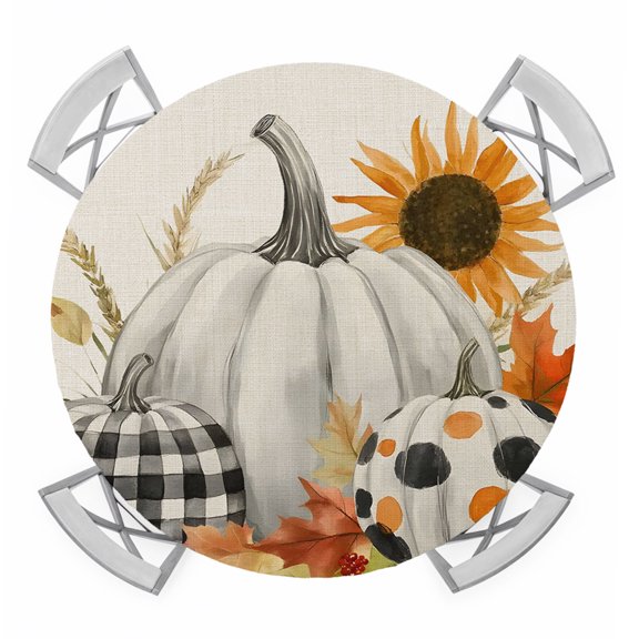Thanksgiving Fall Round Table Cover, Rustic Gray Linen Gingham Polka Dot Pumpkin Waterproof Fitted Tablecloths for 36"-44" Tables, Washable Picnic Table Cover for Camping Dining Indoor Outdoor