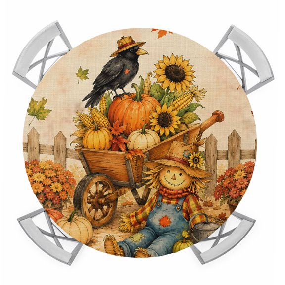 Thanksgiving Fall Round Table Cover, Rustic Yellow Hay Man Crow Pumpkin Sunflower Waterproof Fitted Tablecloths for 36"-44" Tables, Washable Picnic Table Cover for Camping Dining Indoor Outdoor