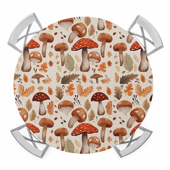 Thanksgiving Fall Round Tablecloth for 36-44 Inch Tables,Fitted Table Cover with Elastic Edge,Mushroom Orange Maple Leaf Botanical Waterproof Outdoor Table Cloth Protector for Patio Garden Dinner