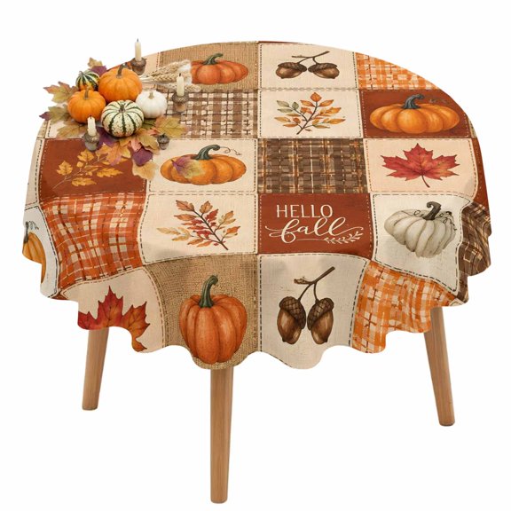Thanksgiving Fall Round Tablecloth 54 inches Orange White Green Pumpkin Leaf Patchwork Plaid Waterproof Oil-Proof Table Cloth Round Table Cover for Holiday Party Picnic Dinner Decor