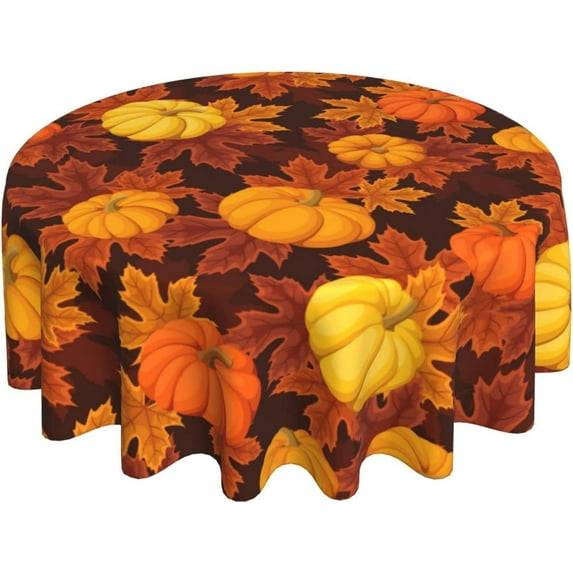 Thanksgiving Fall Round Tablecloth 60 Inch Autumn Pumpkin Tablecloth Waterproof Polyester Fallen Leaves Print Decorative Table Cloth for Holiday Kitchen Dining Room Outdoor Patio Party