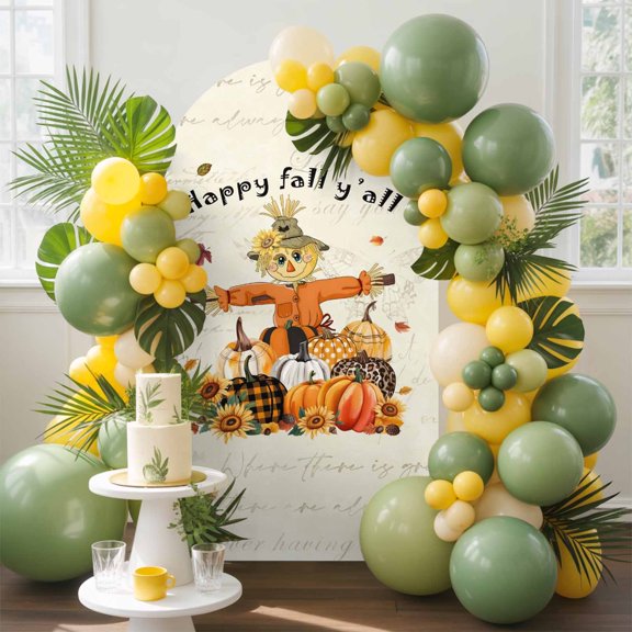 Thanksgiving Fall Scarecrows Pumpkin Arch Backdrop Cover Stretchy Spandex Arch Cover 6ft, Retro Stamp Back Round Top Chiara Stand Covers for Wedding Birthday Party Ceremony Banquet