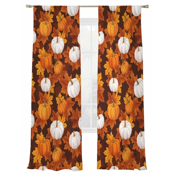 Thanksgiving Fall Sheer Curtains 108 inches Long, Orange White Pumpkins Maple Leaves Light Filtering Sheer Window Curtains Rod Pocket Voile Drapes for Bedroom Living Room, 2 Panels 52"W x 108"L
