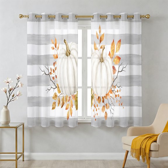 Thanksgiving Fall Sheer Curtains 39 Inch Long 2 Panels, Rustic White Pumpkin Berry Leaves Gray Stripe Light Filtering Semi Sheer Drapes Grommet Voile Window Curtain for Living Bedroom W27.9 x L39