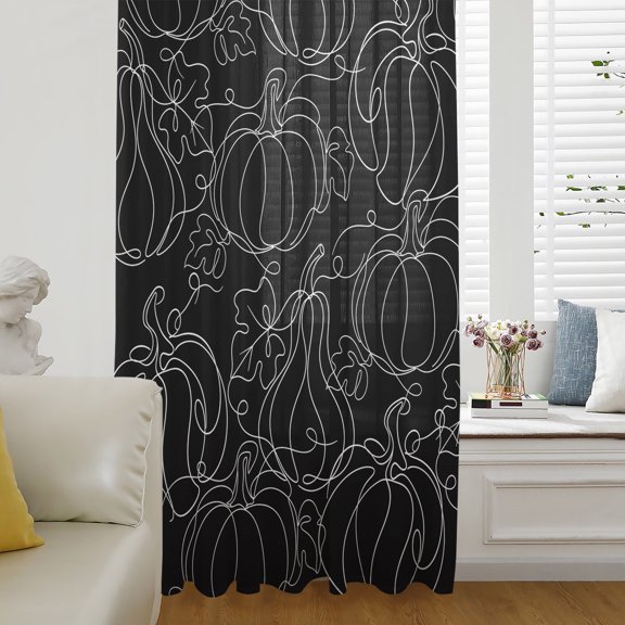 Thanksgiving Fall Sheer Curtains 45 Inch Length Autumn Pumpkin Leaves Lines Black Chiffon Curtain for Bedroom Living Room Light Filtering Window Treatments Voile Curtains Drapes for Kitchen