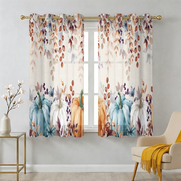Thanksgiving Fall Sheer Curtains 45 Inch Long 2 Panels, Pumpkin Leaf Watercolor Linen Texture Light Filtering Semi Sheer Drapes Grommet Voile Window Curtain for Living Bedroom W42 x L45