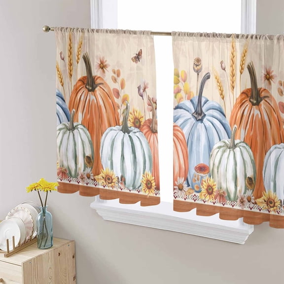 Thanksgiving Fall Sheer Curtains 54 Inch Length 2 Panels Set for Living Room/Bedroom, Rustic Retro Pumpkin Weeping Leaves Curtain Sheers Drapes Rod Pocket Curtains Window Treatment Set 52''x54''x2