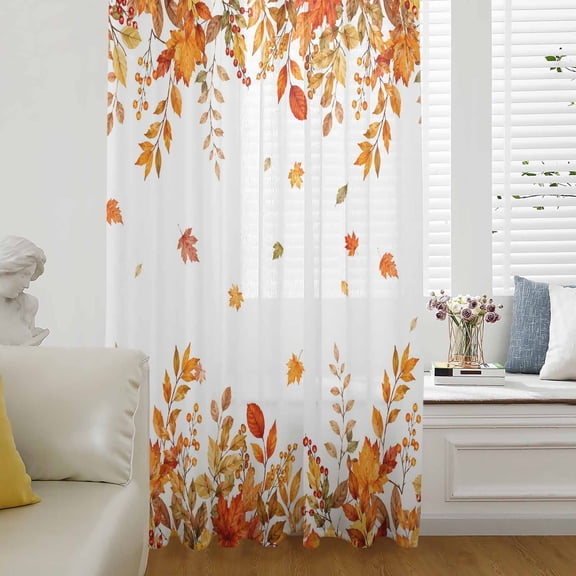 Thanksgiving Fall Sheer Curtains 72 Inch Length, Light Filtering Voile Curtain Panel, Autumn Orange Falling Maple Leaves Rod Pocket Drapes Window Treatments for Living Room Bedroom 52"x72"