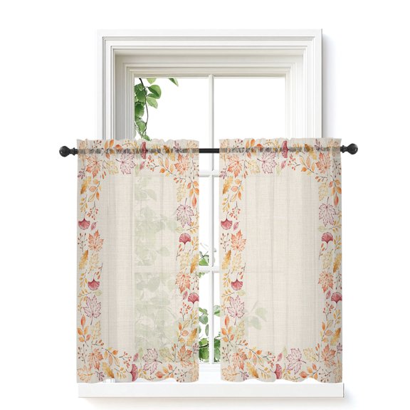 Thanksgiving Fall Sheer Kitchen Tier Curtains 45 Inch Length,Short Curtains for Small Windows Cafe,Autumn Falling Maple Leaves Branches Rod Pocket Voile Half Window Treatments 27.5"x45" 2 Panels
