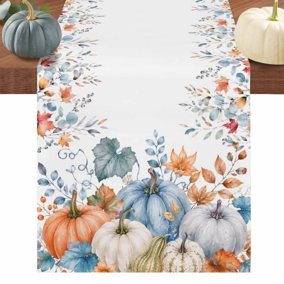 Thanksgiving Fall Short Table Runner 36 Inches Long, Autumn Eucalyptus Leaves Blue Pumpkins Cotton Linen Table Runners Dresser Scarves, Fabric Tabletop Scarf Furniture Cover for Dinner Party 13"x36"
