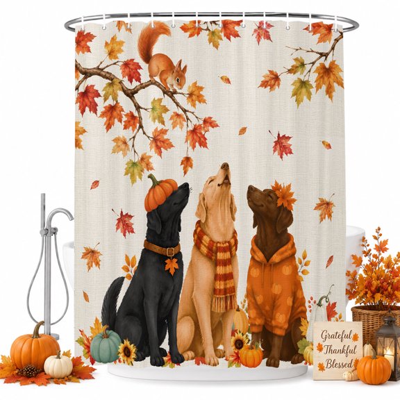 Thanksgiving Fall Shower Curtain, Dog Pumpkin Squirrel Maple Leaf Line Texture Waterproof Washable Fabric Bathroom Shower Curtain with 12 Hooks, 36" x 72"