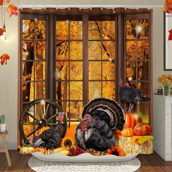 Thanksgiving Fall Shower Curtain, Farmhouse Turkey Pumpkins Autumn Forest Harvest Fabric Shower Curtains Set for Bathroom Farm Decoration with Hooks 72 X 72 inch Maple Leaf Halloween Bath Decor