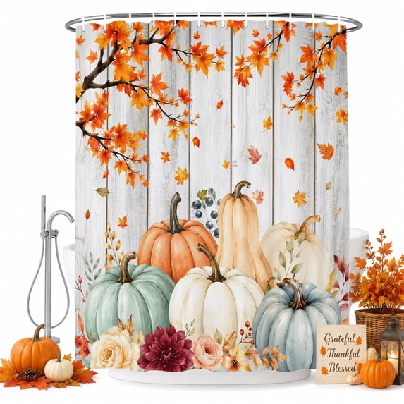 Thanksgiving Fall Shower Curtain Set - 72" x 78" Washable Bathtub Curtain with 12 Hooks, Pumpkin Autumn Vintage Maple Leaf Waterproof Fabric Stall Shower Curtains for Bathroom/Bathtub Décor