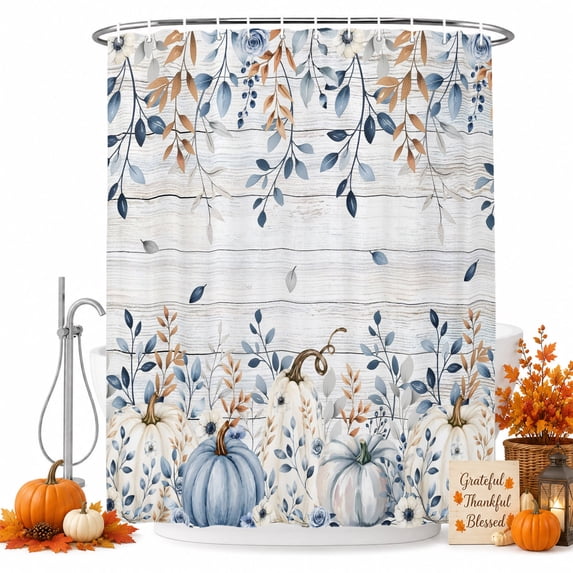 Thanksgiving Fall Shower Curtain Set - Standard 72" x 72" Washable Bathtub Curtain with 12 Hooks, Pumpkins Blue Eucalyptus Leaves Wooden Waterproof Fabric Stall Shower Curtains for Bathroom Décor