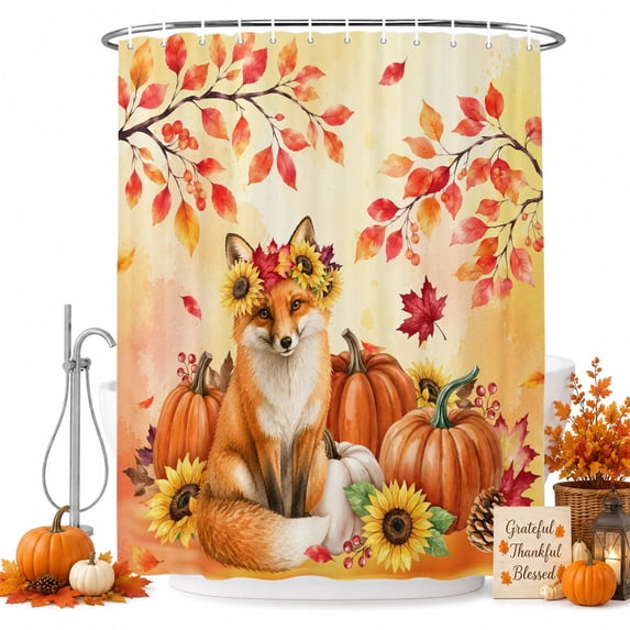 Thanksgiving Fall Shower Curtain, Waterproof Shower Curtains for Bathroom, Country Fox Flowers Maple Branches Washable Fabric Bathtub Curtain Set Bath Decor with 12 Hooks Standard 72"x72"