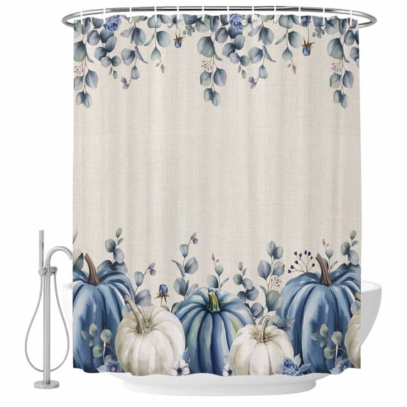 Thanksgiving Fall Shower Curtain, Waterproof Shower Curtains for Bathroom, Eucalyptus Blue White Harvest Pumpkin Washable Fabric Bathtub Curtain Set Bath Decor with 12 Hooks Extra Long 72"x96"
